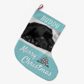 Festive Blue Dog Pet Name and Photo Grote Kerstsok (Voorkant (Hangend))
