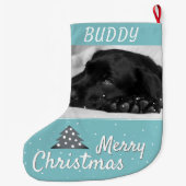 Festive Blue Dog Pet Name and Photo Grote Kerstsok (Achterkant)