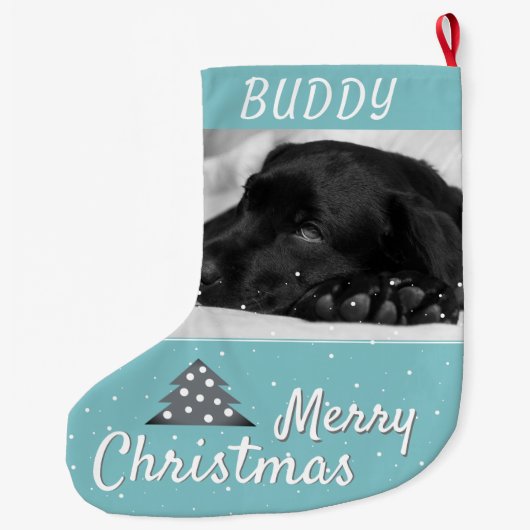 Festive Blue Dog Pet Name and Photo Grote Kerstsok (Achterkant)