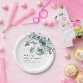 Festive Blue Florals Foliage Names Merry Kerstry Papieren Bordje (Feest)