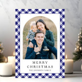Festive Blue Gingham Photo Christmas Feestdagenkaart