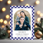 Festive Blue Gingham Photo Christmas Feestdagenkaart