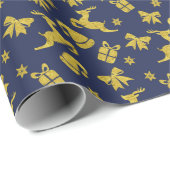 Festive Blue Gold Reindeer Christmas Holiday Cadeaupapier (Rol Hoek)