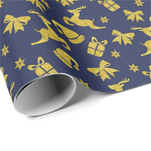 Festive Blue Gold Reindeer Christmas Holiday Cadeaupapier (Rol Hoek)