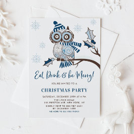 Festive Blue Owl Botanical Kerstparty Kaart