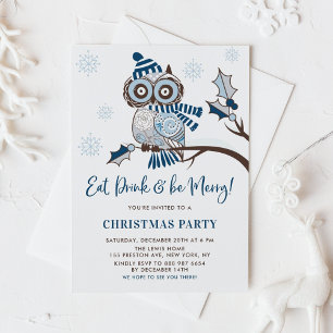 Festive Blue Owl Botanical Kerstparty Kaart