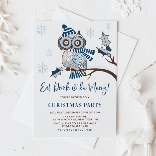 Festive Blue Owl Botanical Kerstparty Kaart