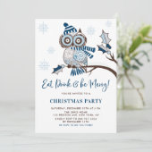 Festive Blue Owl Botanical Kerstparty Kaart (Staand voorkant)