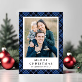 Festive Blue Plaid Photo Christmas Feestdagenkaart