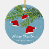 Festive Blue Santa Hat Pine Branch Merry Kerstmis Keramisch Ornament (Voorkant)