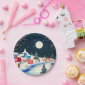 Festive Blue Winter Snow Village Papieren Bordje (Feest)