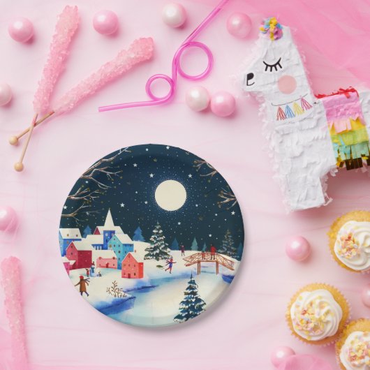 Festive Blue Winter Snow Village Papieren Bordje (Feest)