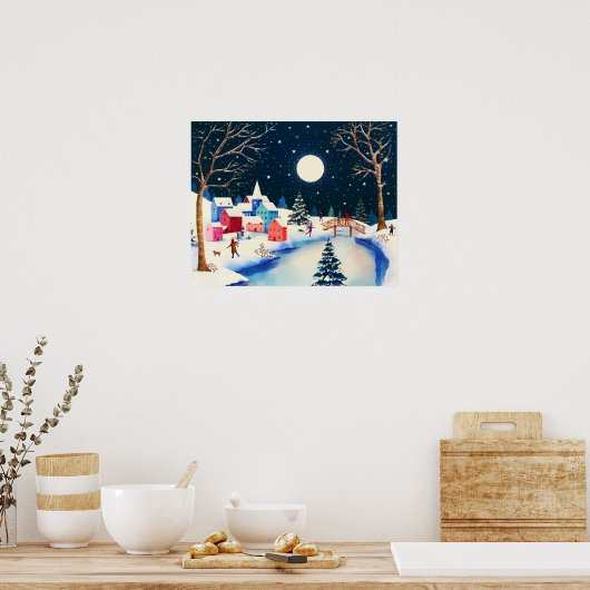 Festive Blue Winter Snow Village Poster (Keuken)