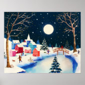 Festive Blue Winter Snow Village Poster (Voorkant)