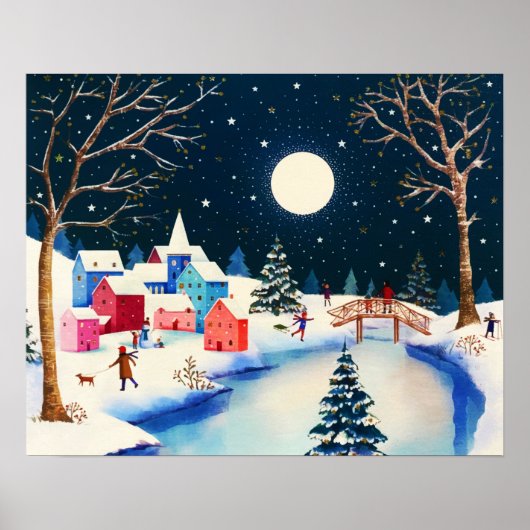 Festive Blue Winter Snow Village Poster (Voorkant)