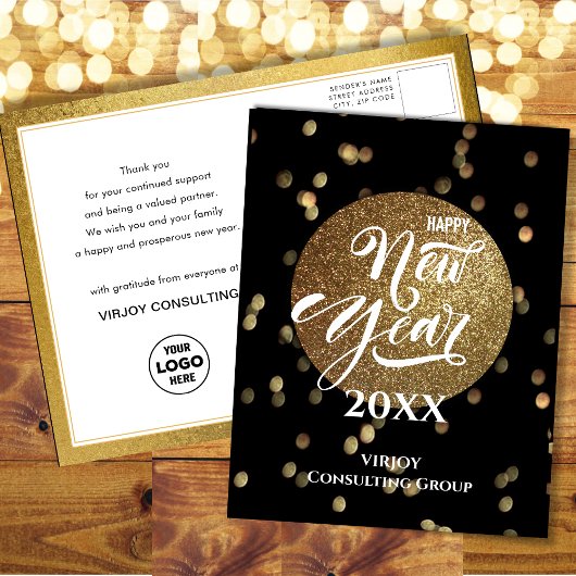 Festive Bokeh Gold Confetti Elegant Black Business Briefkaart