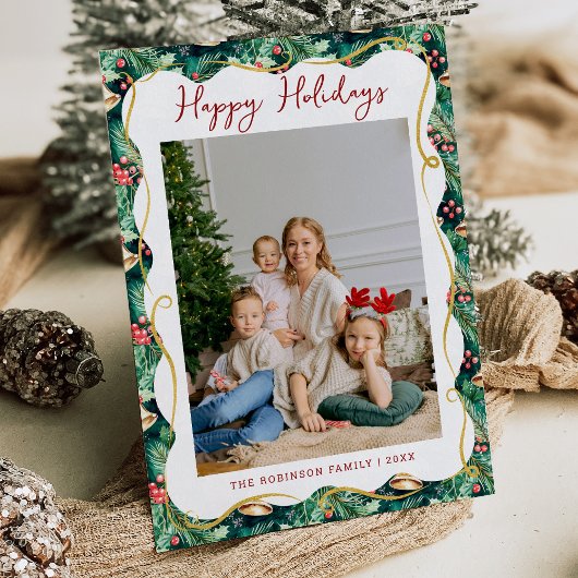 Festive Botanical Greenery Pattern Christmas Photo Feestdagenkaart