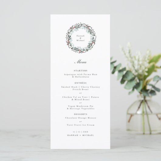 Festive botanical wreatding Wedding Breakfast Menu (Staand voorkant)