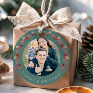 Festive Botanical Wreath Photo Christmas Bedankjes Labels