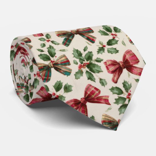 Festive Bow and Holly Christmas Pattern Stropdas (Opgerold)