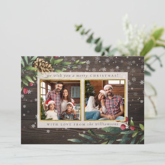 Festive Branches | Hout en gouden kerstfoto Feestdagenkaart (Staand voorkant)
