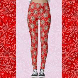 Festive Bright Red Stars Happy Holiday Leggings