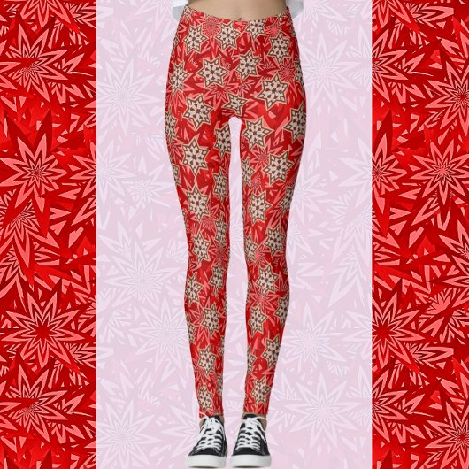 Festive Bright Red Stars Happy Holiday Leggings