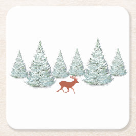 Festive Brown Deer onder Snowy Spruce Trees Kartonnen Onderzetters