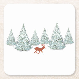 Festive Brown Deer onder Snowy Spruce Trees Kartonnen Onderzetters