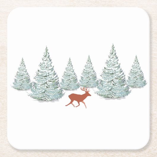 Festive Brown Deer onder Snowy Spruce Trees Kartonnen Onderzetters (Voorkant)