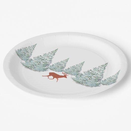 Festive Brown Deer onder Snowy Spruce Trees Papieren Bordje (Gekanteld)