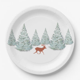 Festive Brown Deer onder Snowy Spruce Trees Papieren Bordje