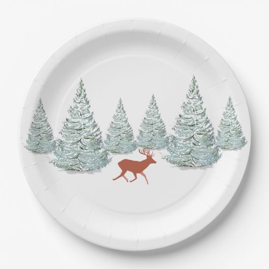 Festive Brown Deer onder Snowy Spruce Trees Papieren Bordje (Voorkant)