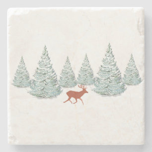 Festive Brown Deer onder Snowy Spruce Trees Stenen Onderzetter