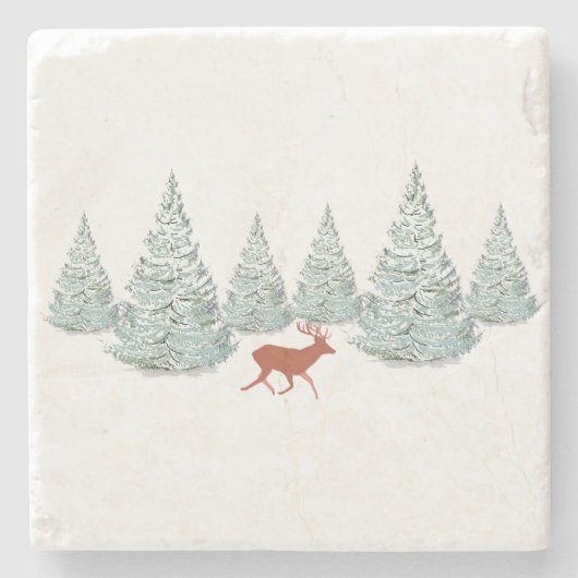 Festive Brown Deer onder Snowy Spruce Trees Stenen Onderzetter (Voorkant)
