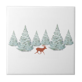 Festive Brown Deer onder Snowy Spruce Trees Tegeltje