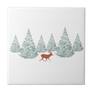 Festive Brown Deer onder Snowy Spruce Trees Tegeltje