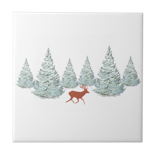 Festive Brown Deer onder Snowy Spruce Trees Tegeltje (Voorkant)