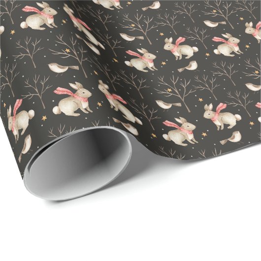 Festive Bunny and Bird in night in Forest Cadeaupapier (Rol Hoek)