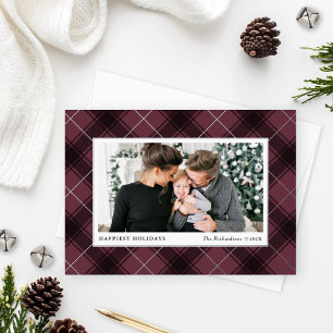 Festive Burgundy and Silver Tartan Pset Photo Folie Feestdagenkaart