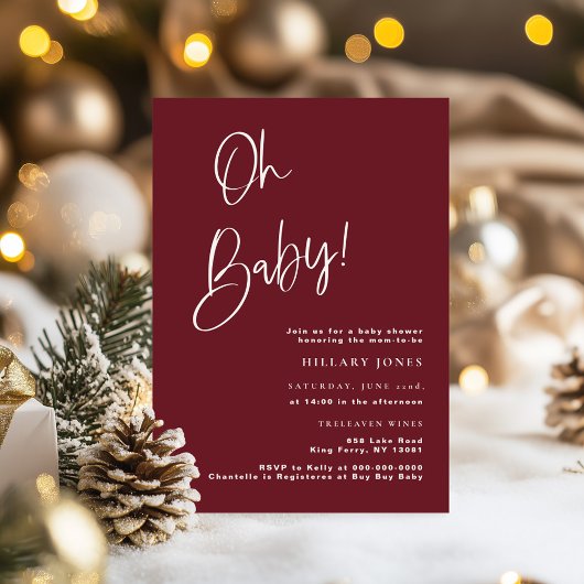 Festive Burgundy Red Baby shower Invitation Kaart