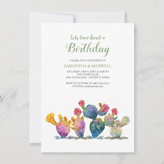 Festive Cactus Fiesta Twins Birthday Invitation Kaart (Voorkant)