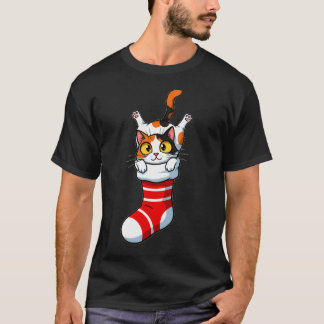 Festive Calico Kitty Peeking from Stocking T-shirt