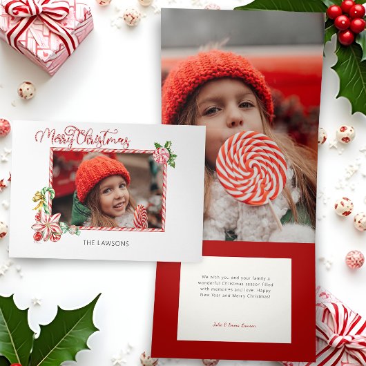 Festive Candy Cane Merry Christmas One Photo Drieluik Wenskaart