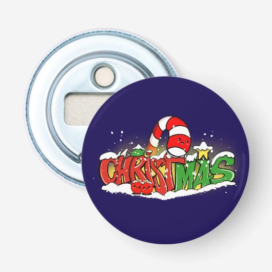 Festive Candy Cane & Snowy Holiday Art Button Flesopener (Voorkant)