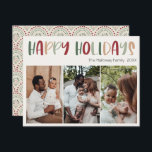 Festive Casual kleurrijk Prettige feestdagen Drie  Feestdagenkaart<br><div class="desc">Deze feestelijke, casual, kleurrijke prettige feestdagen drie-foto-feestkaart is perfect voor uw leuke, creatieve en heldere feestelijke groet. Het is een uniek, speels modern lettertype in rood, boho tan, en licht en donkergroen, maken een gelukkig seizoensgebonden gevoel mogelijk. Als je de donkere winter van je geliefden wilt ophelderen met een schattige...</div>