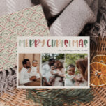 Festive Casual kleurrijke kerstfoto drie Feestdagenkaart<br><div class="desc">Deze feestelijke, casual, kleurrijke kerstfeestkaart met drie foto's is perfect voor uw leuke, creatieve kerstcadeautjes. Het is een uniek, speels modern lettertype in rood, boho tan, en licht en donkergroen, maken een gelukkig seizoensgebonden gevoel mogelijk. Als je de donkere winter van je geliefden wilt ophelderen met een schattige feestvreugde, dan...</div>