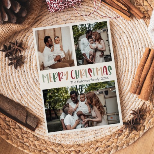 Festive Casual kleurrijke kerstgebold drie foto Feestdagenkaart