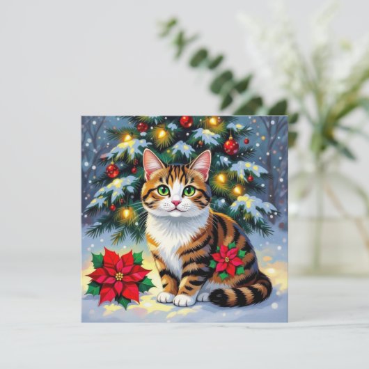 Festive Cat and Poinsettia Customized Christmas Feestdagenkaart (Staand voorkant)