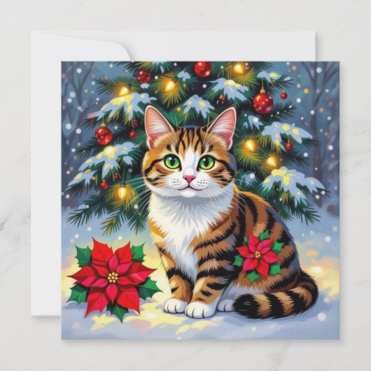 Festive Cat and Poinsettia Customized Christmas Feestdagenkaart (Voorkant)